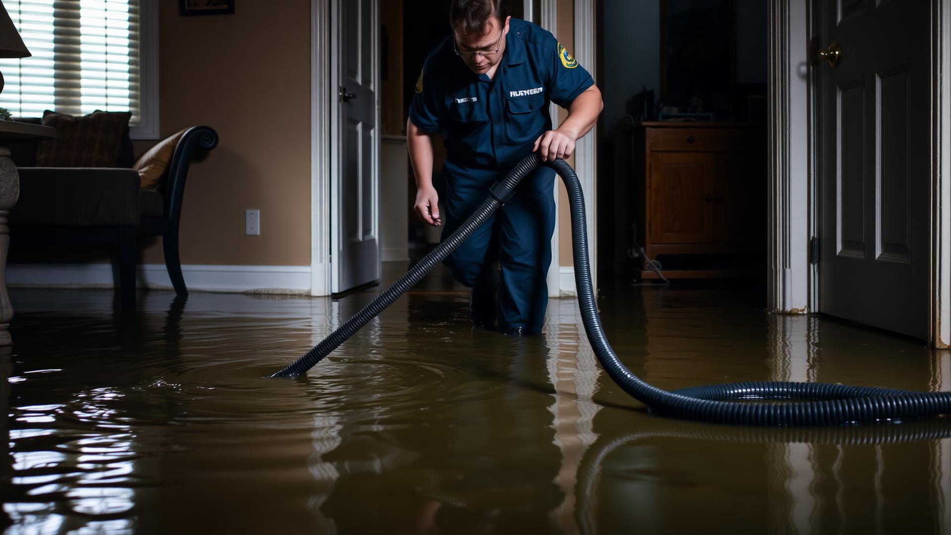 Water damage restoration technician extracting water